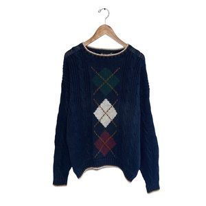 Vintage Argyle Sweater Men's Size Large Blue White Cotton‎ Ramie Cable Knit